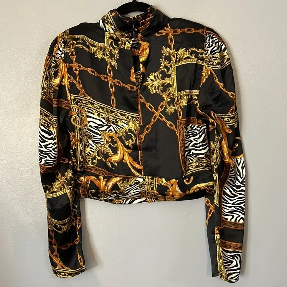 Guess silk cropped blouse with animal print and gold chain detail size small